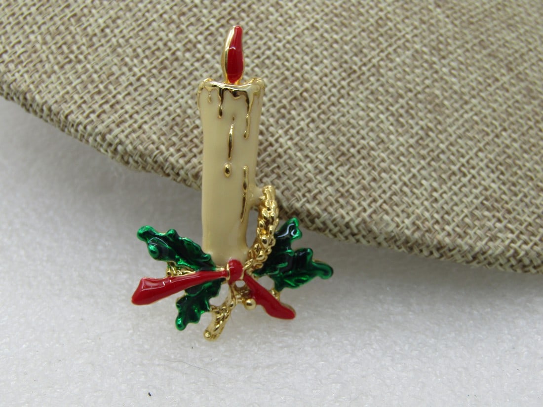 Vintage Enameled Christmas Candle Brooch, , 1960's (1 of 6)