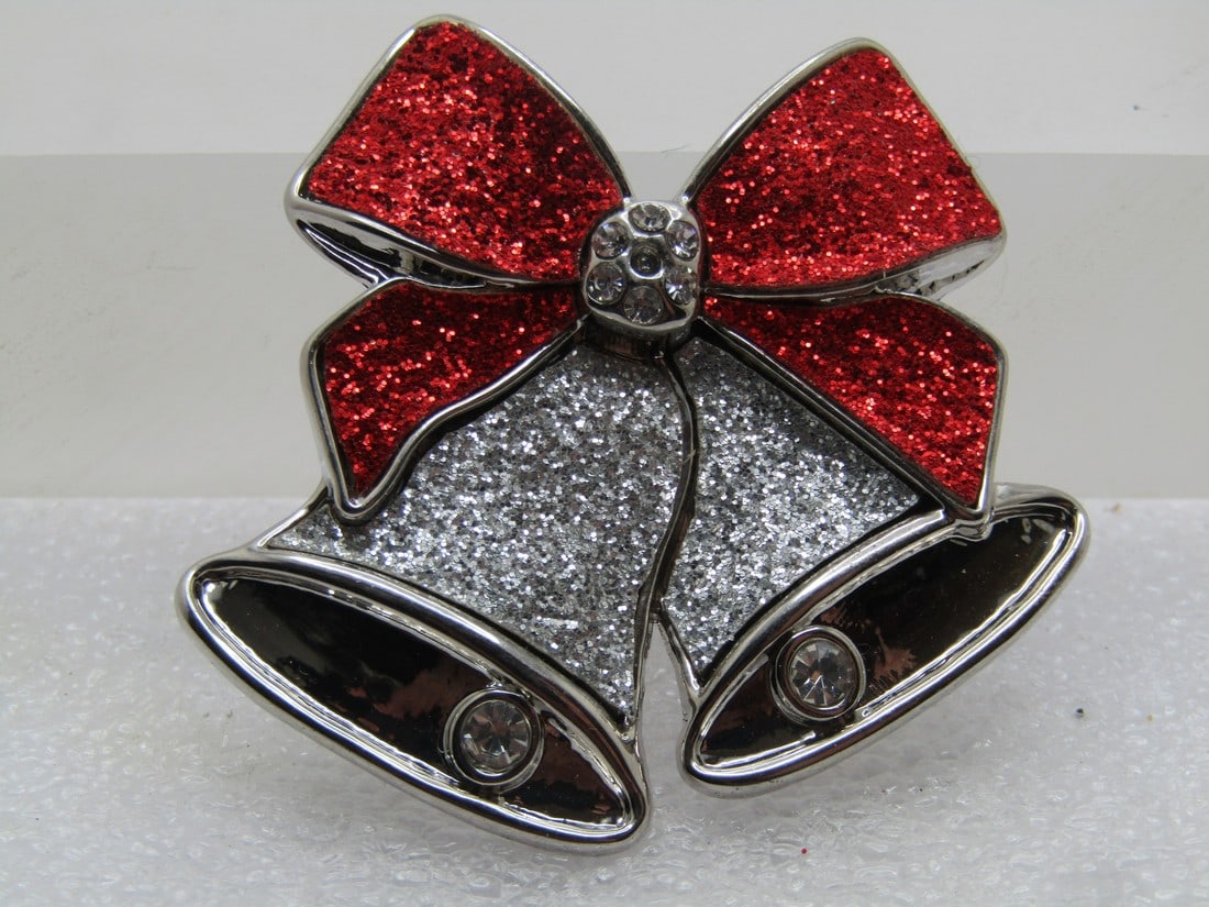 Vintage Silver & Red Glitter Bells Brooch, Christmas, Signed JCM, 1980's-1990's (1 of 6)