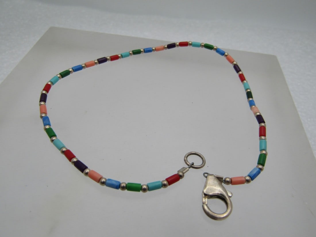 Vintage Sterling Mixed Beaded Anklet/Bracelet, 9.25"Southwestern (1 of 6)