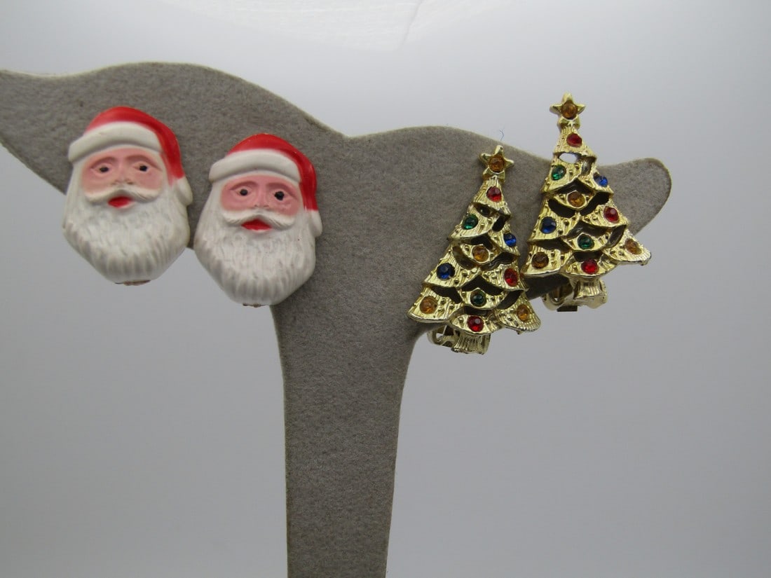 Vintage Two Pear of Christmas Earrings, Tree, Santa Clip and Screwback, 1950's-1960's (1 of 4)
