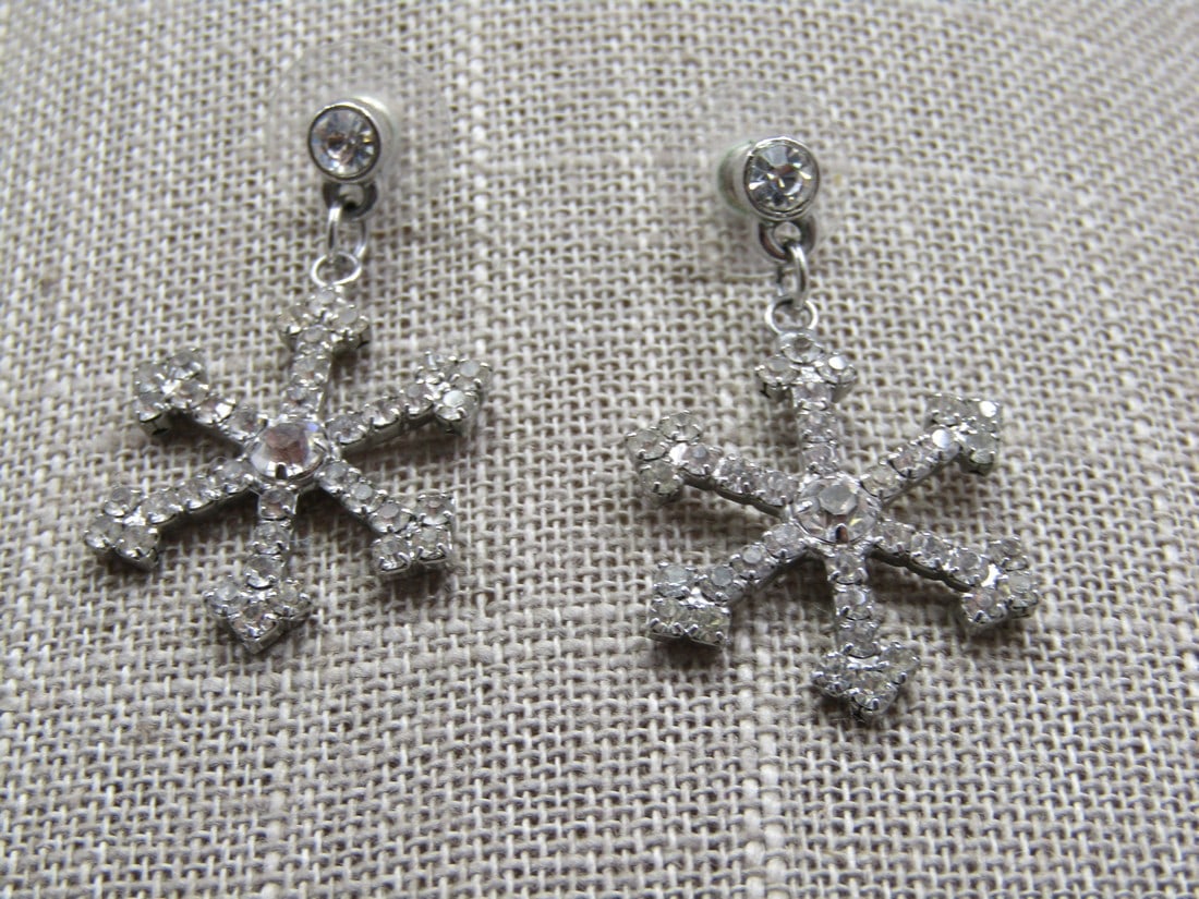 Vintage Winter Rhinestone Snowflake Stud Dangle Earrings, Pierced (1 of 5)