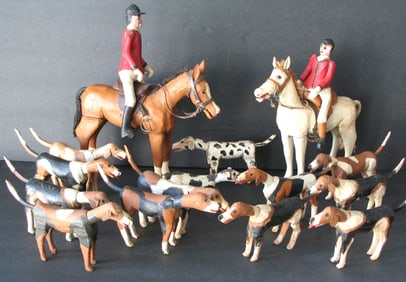 Antique folk art wood carvings of a Fox Hunt”.