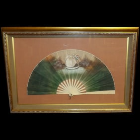 Antique Early 19th Century Hand Painted Fan in Frame