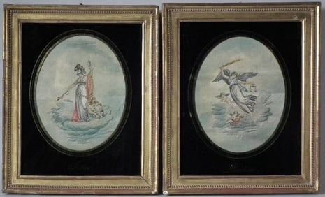 Pair Georgian Embroidered Pictures, Justice & Prudence