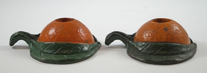 Pair of Orange w/ Leaves Cast Iron Candle Holders
