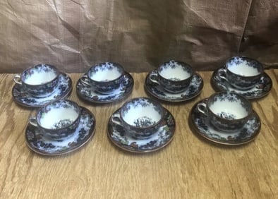 7 Flow Blue Polychrome Corey Hill Cups & Saucers