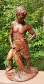 Antique Carved fisherman shorts beach scene rare 18" tall.