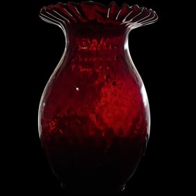 Vintage Crimped Ruby Red Waffle Art Glass Vase