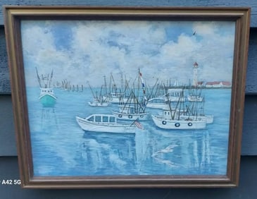 Harbor scene modern oil painting nice boats colors lighthouse