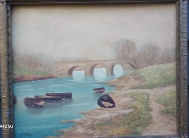 Stream Bridge boats oil painting 1920 L.M Hyde