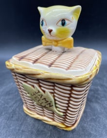 Vintage Tilso Mustard Jar Ceramic Cat In Wicker Basket - Made in Japan