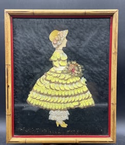 1920'S RIBBON ART PAPER DOLL VICTORIAN GIRL DRESSED BOUQUET FRAMED