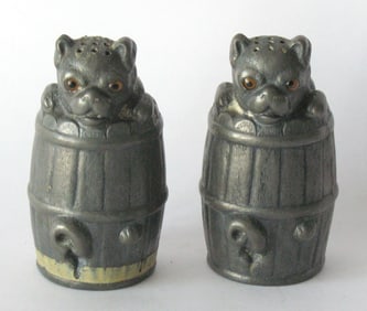 Antique cast pewter Bulldogs in a barrel S & P shakers.