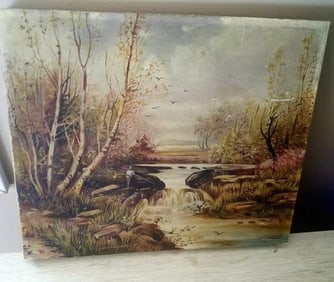 Folk art oil painting 1880 10 x 12. Man fishing in stream