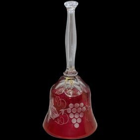 Large CRYSTAL BELL Bohemian Czech Ruby Cut to Clear Grape and Leaf 7 ½” Tall