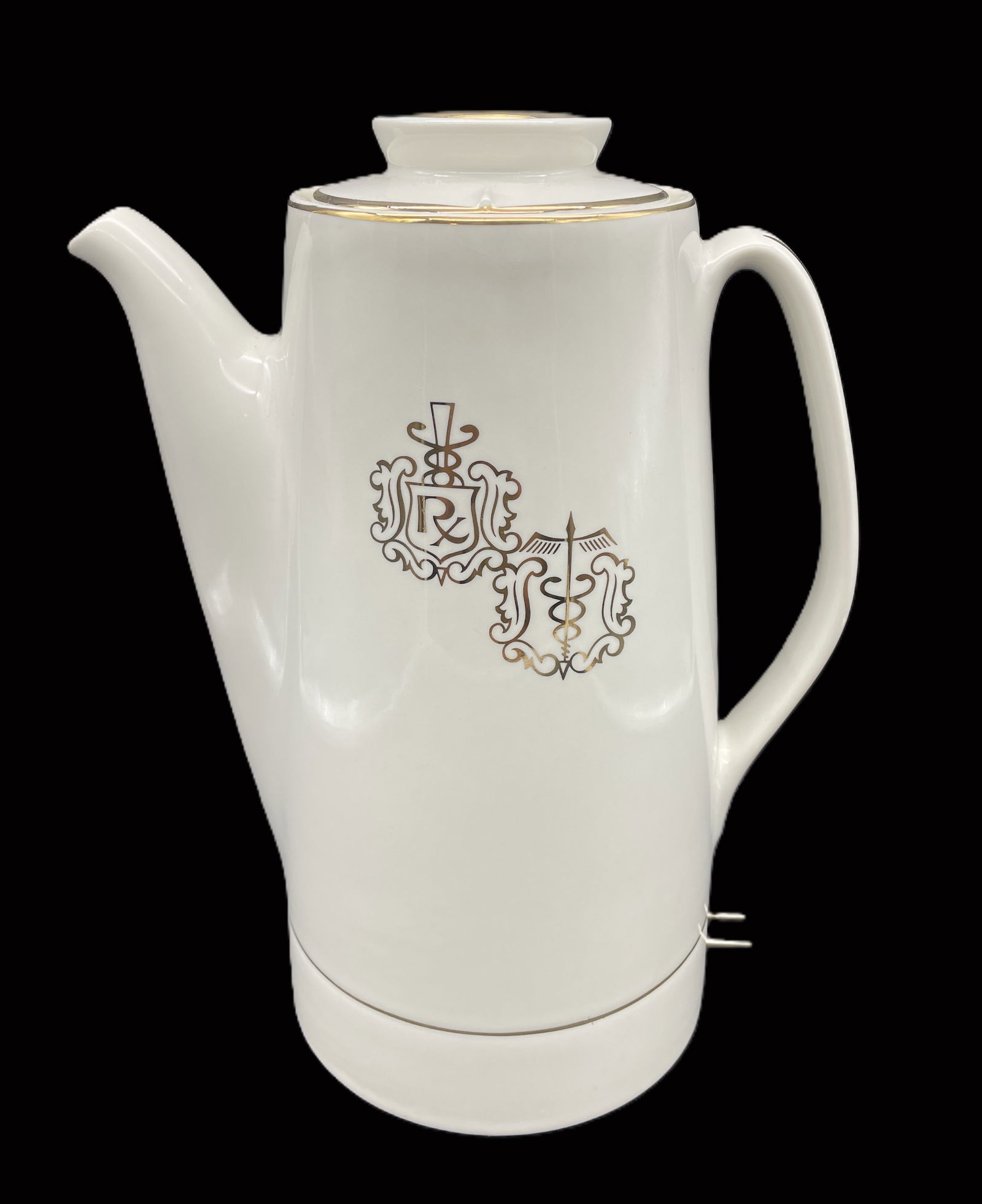 HALL CHINA PHARMACY RX CADUCEUS COFFEE PERCOLATOR: Title: HALL CHINA PHARMACY RX CADUCEUS COFFEE PERCOLATOR Date/Period: UNKNOWN Dimension: approx 11" Material: MIXED MATERIALS Additional Information: HALL CHINA AUTOMATIC ELECTRIC COFFEE MAKER POT PER