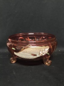 Cranberry Moser Art Glass Bowl W/ Enameled Fish