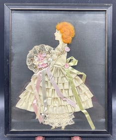 Antique 1920s Framed Ribbon Art Paper Doll Picture Red Head Lady w Hair