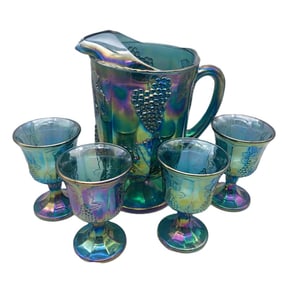Vintage Indiana Blue Carnival Glass Pitcher and Tumbler Set Harvest Grape