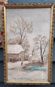 19th century New England oil painting with winter scene small town MEF