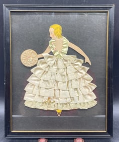 Vintage Antique 1920s Framed Ribbon Art Paper Doll Picture