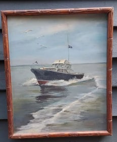 Nautical ship oil painting boat D. Whiteside 1950 well done