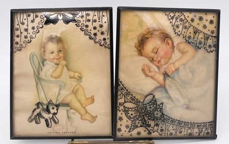 2 CHARLOTTE BECKER LITHOGRAPH “SWEET DREAMS” "SMILING THROUGH" SILHOUETTE CONVEX BUBBLE