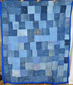 Folky Vintage Denim Blue Jeans Antique Quilt