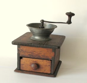 Antique pewter top coffee grinder.