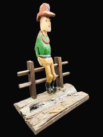 Primitive Folk Art Cowboy On Fence