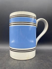 1800s QUART BLUE BANDED MOCHA STYLE STAFFORDSHIRE TANKARD APPLIED HANDLE MUG