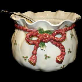 Fitz and Floyd 1988 Vintage Holiday "Old World Santa Bag" Punch/Cachepot Bowl with Glass Ladle & Red