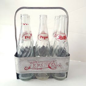 Vintage Double Dot Pepsi Cola Metal 6 Pack Carrier With Bottles