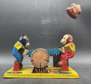 YONE TOYS JAPAN LOG-CUTTER W/SWINGING MONKEY WIND-UP ACTION TOY 50'S RARE