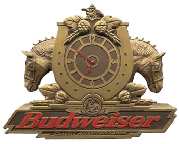 VINTAGE GOLD BUDWEISER CLYDESDALE HORSE HEADS CLOCK HORSESHOE Bar Mancave