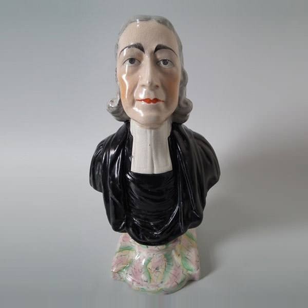 Kent Staffordshire John Wesley Bust: Kent Staffordshire bust of John Wesley, resting on a marbleised base. PERIOD: Victorian, circa 1900. DIMENSIONS: 11.8ins high, 7.1ins wide, 4.5ins depth. CONDITION REPORT:Generally good. Under rim chi