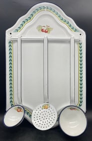 Antique 1930s French Enamelware Ladle Holder Utensil Wall Rack with 3 Spoons
