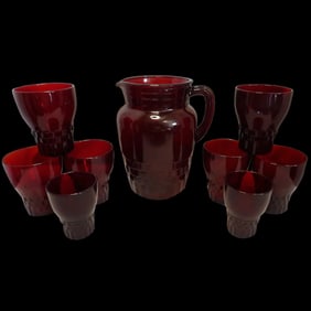 Vintage Anchor Hocking Windsor Ruby Red Pitcher with Glasses