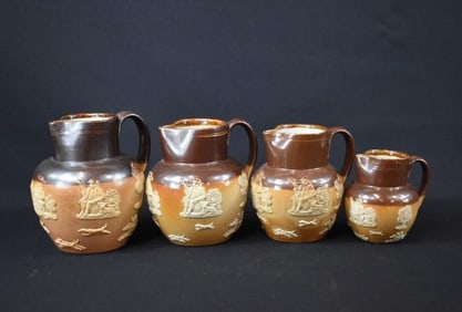 Antique Doulton Lambeth England Pottery Harvest Stag Hunt - 4 Graduated Pitchers