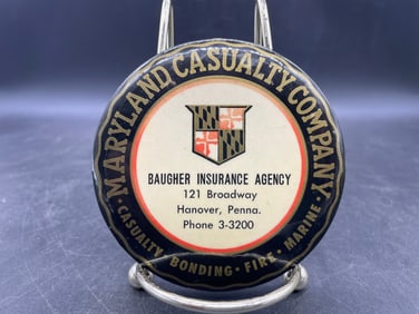 VINTAGE MARYLAND CASUALTY CO CELLULOID ADVERTISING POCKET MIRROR PAPERWEIGHT