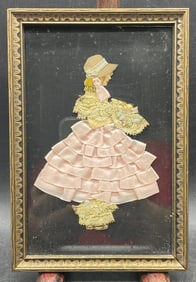 Vintage Antique 1920s Framed Ribbon Art Paper Doll Picture W/ Hair Pink Dress