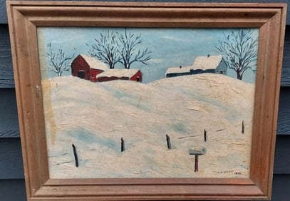 1970 oil painting on Board Winter scene C.W. Elwell Bowdoin Maine