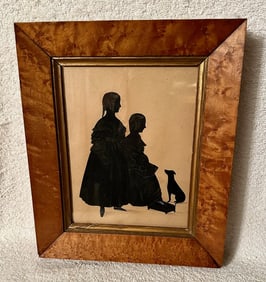 19th C. Cut Silhouette of 2 Girls & Dog