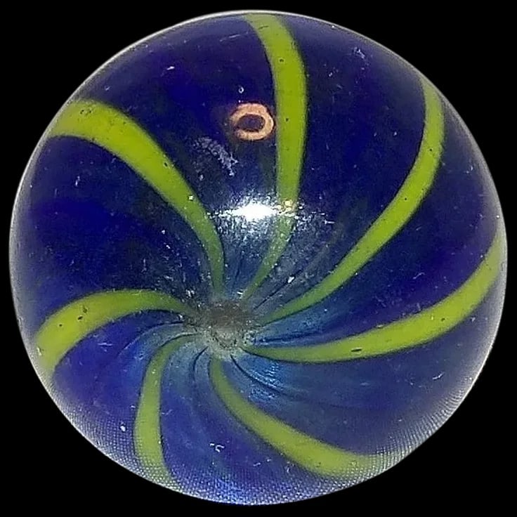 Vintage Cobalt Blue Green Stripe Signed Hand Made Large Marble: This Vintage Blue Hand Made Large Marble is in very good condition. It is signed on the bottom but it was hard to read, I believe it is John Davis first name could be Jim but the last looks like Davis