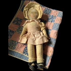 Vintage cloth Doll w/ her Quilt