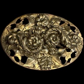 Antique Floral Repousse Brooch Large Oval Art Nouveau Swags Flowers