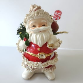 Vintage 1950s Napco Santa Claus Ceramic Planter with Spaghetti Trim