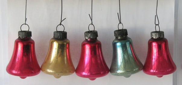 Group of 5 antique Christmas bell shaped ornaments.