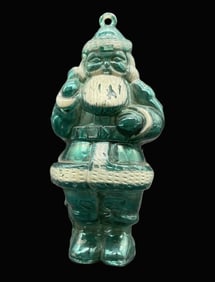 VINTAGE HARD PLASTIC METALLIC TEAL SANTA CLAUS CHRISTMAS ORNAMENT