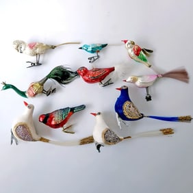 Vintage Mercury Glass and Flocked Glitter Clip-on Bird Ornaments set of 10